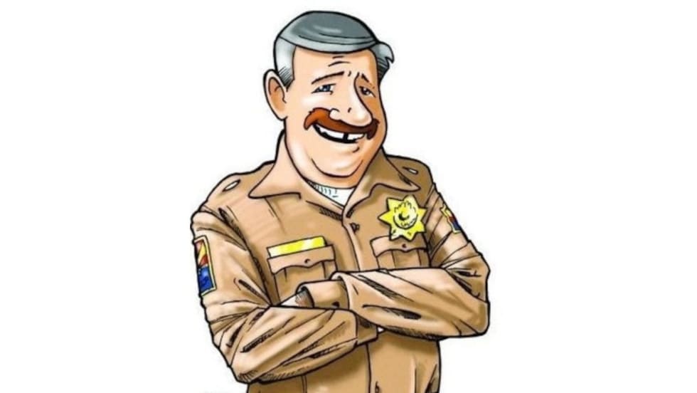 Smiling cartoon police officer in tan uniform with badge, arms crossed