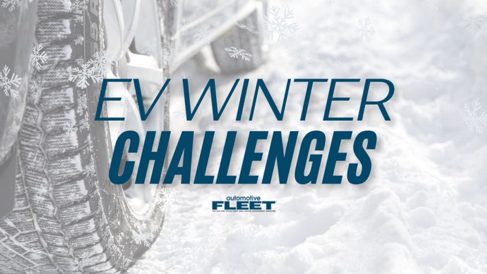 A the bottom of a car and its tires in snow with text that reads "EV Winter Challenges". 