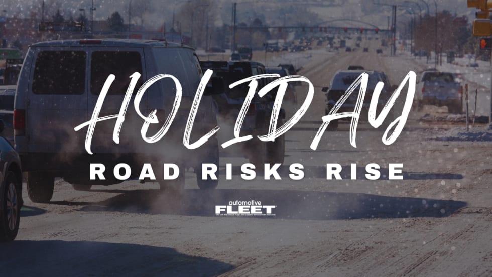 An image of a snowy town road with cars driving. Text overlayed reading "Holiday Road Risks Rise".
