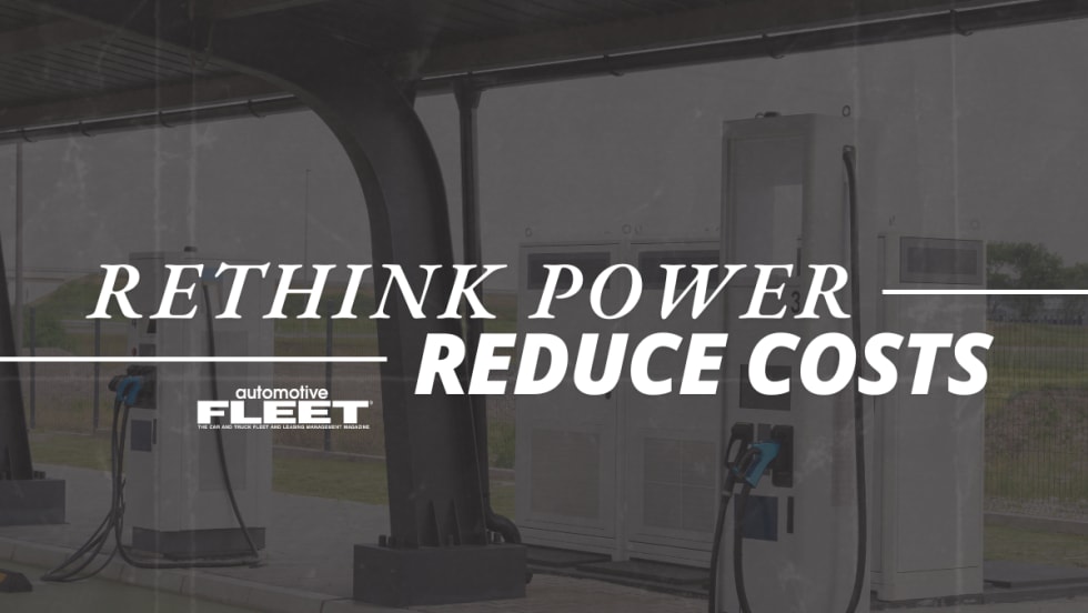 An image of an electric vehicle charging depot in the background overlayed with the text "Rethink power, Reduce Costs".