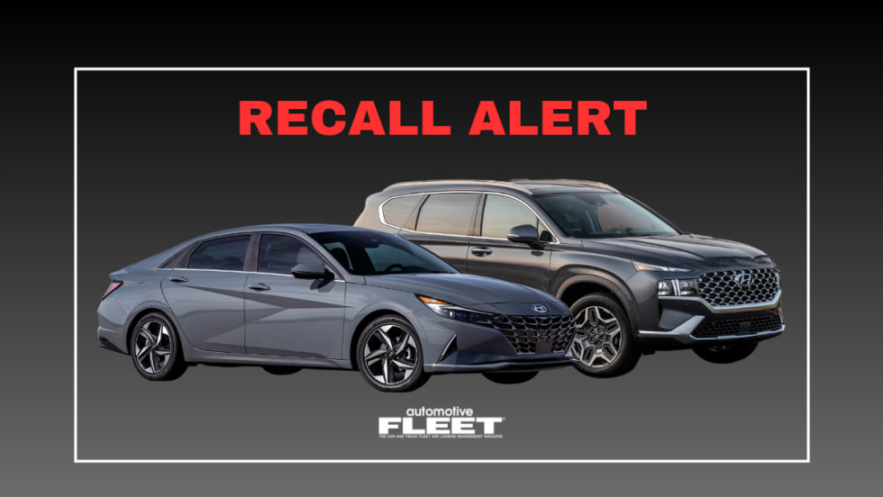A black, white and red graphic with the word "RECALL ALERT" above a Hyundai Elantra and Santa Fe. 