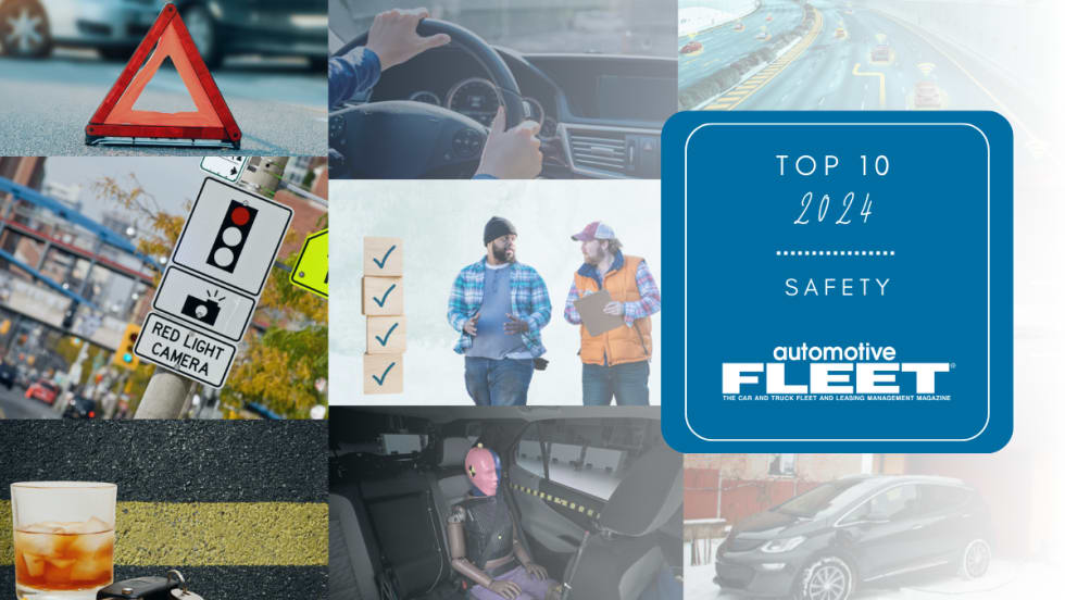 A collage with 10 photos from Automotive Fleet's top 10 stories of the year is shown. Includes an EV in snow, drink with keys, red light camera, safety cone, futuristic road, AEB technology, and more.