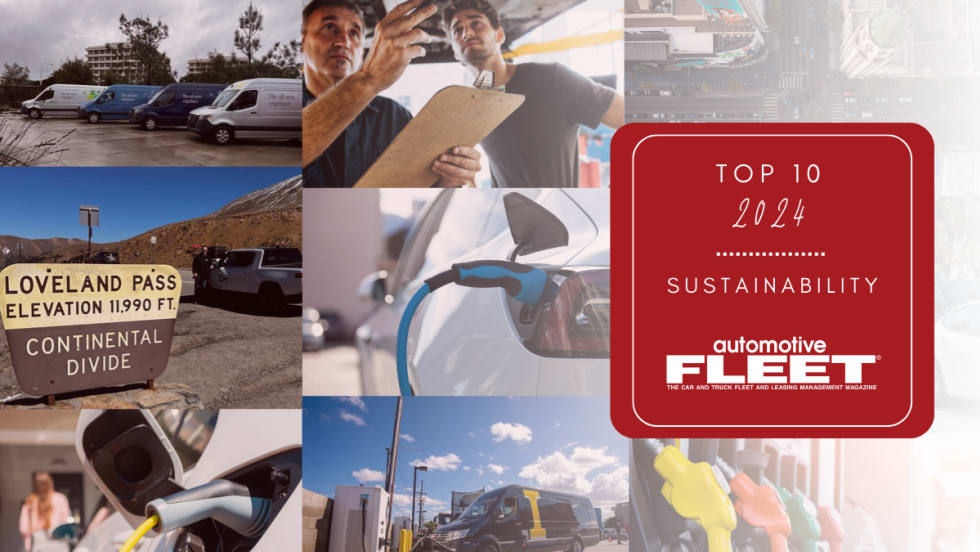 A collage of images relating to stories on Automotive Fleet with text reading "Top 10 2024 / SUSTAINABILITY". 