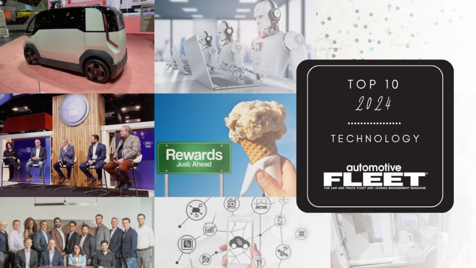 A collage of images from the top technology stories on Automotive Fleet's website. Text overlay on the right side reads "Top 10 2024 - Technology".