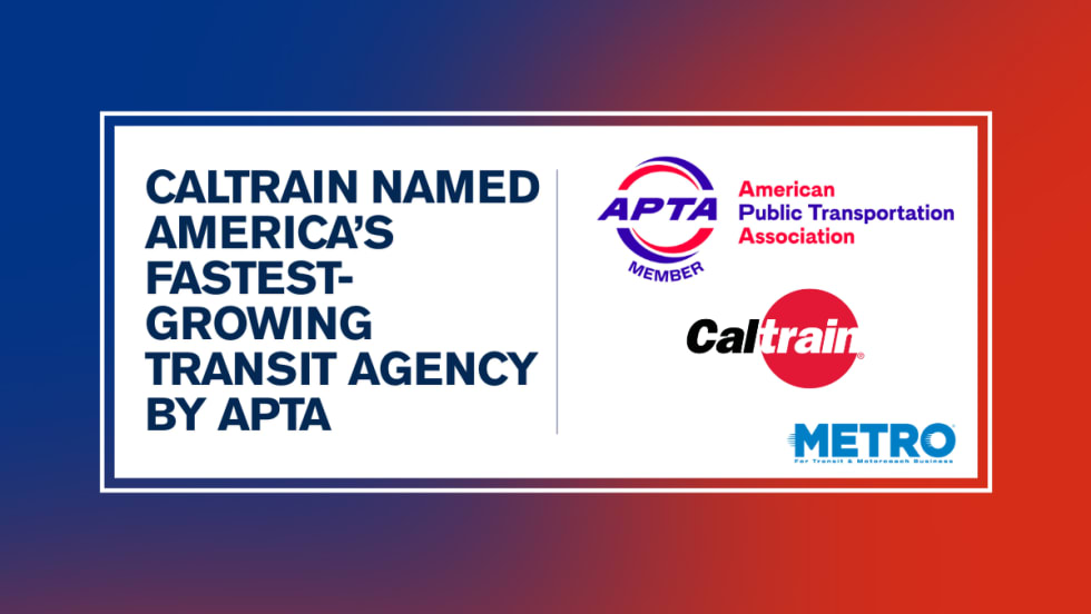 A red, white, and blue graphic with APTA and Caltrain logos and text reading "Caltrain Named America’s Fastest-Growing Transit Agency by APTA."