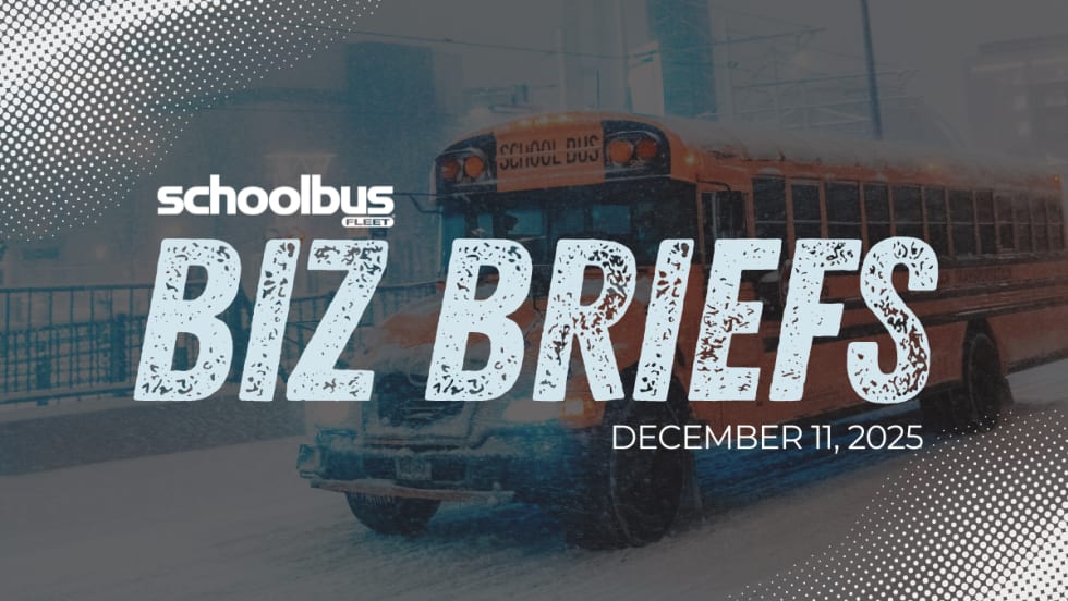 Image of a bus driving in snowy conditions with text reading "Biz Briefs."