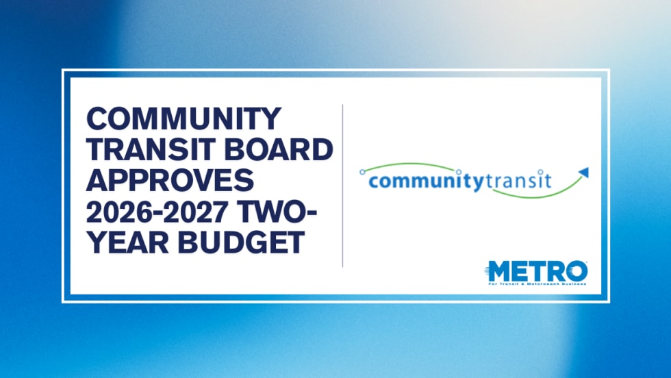 a blue and white graphic with text reading "Community Transit Board approves 2026-2027 two-year budget."