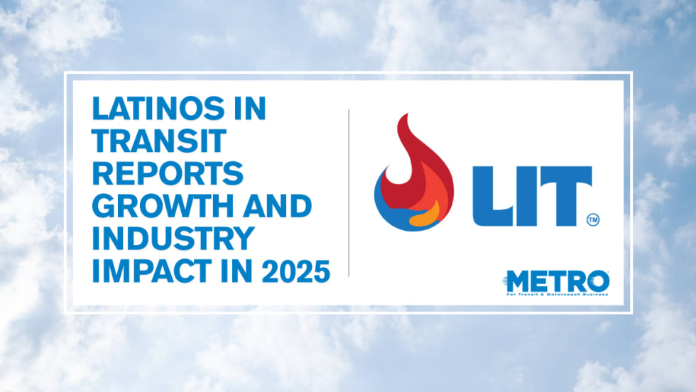 A blue and white graphic with the LIT logo and text reading "Latinos in Transit Reports Growth and Industry Impact in 2025."