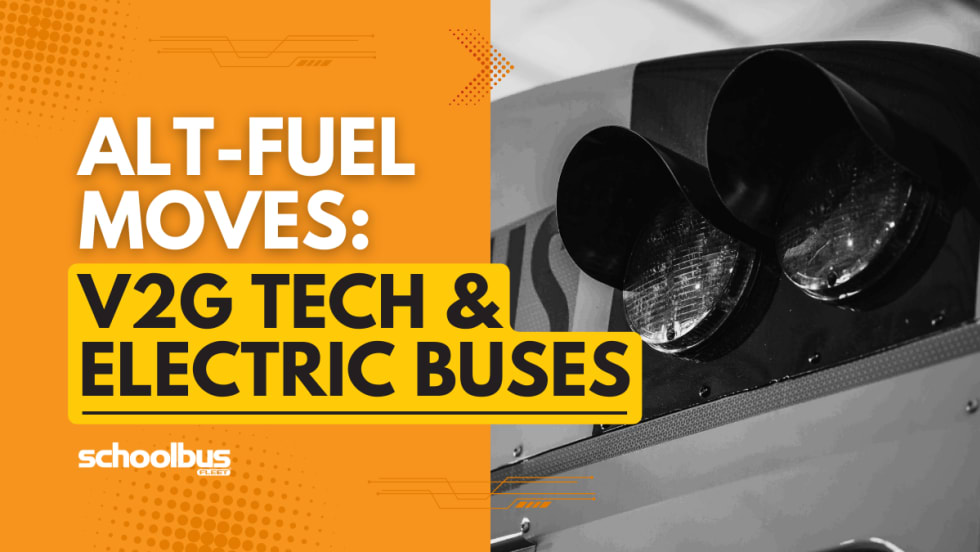 An orgnge, white, and black graphic with a black and white detail shot of lights on a school bus.