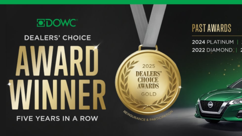 Graphic showing DOWC as a 2025 Dealers’ Choice Award winner in Reinsurance & Participation with a gold medal design, a green car, and text noting five years in a row and past awards from 2021–2024.