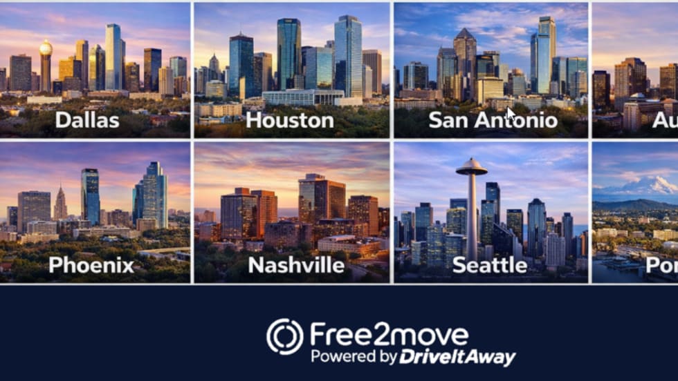 8-photo collage of city skylines where DriveItAway is expanding.