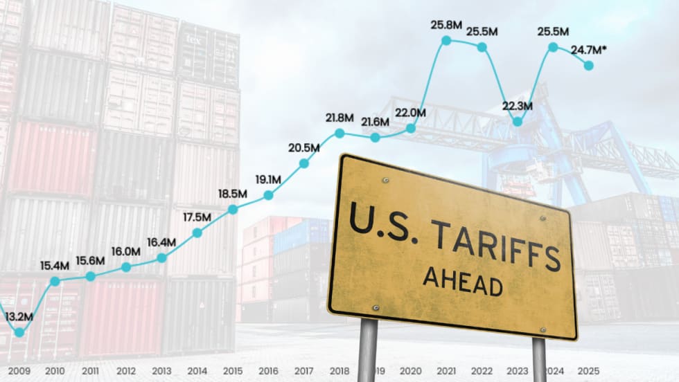 Illustration of containers at port with tariffs ahead sign and line graph of iimports.