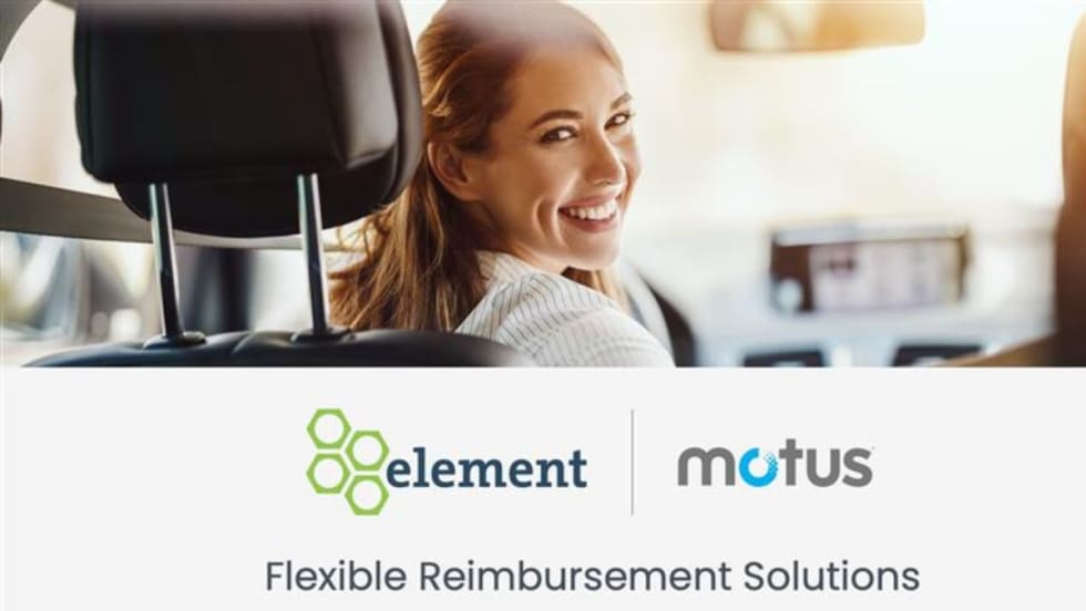Smiling woman in the driver’s seat looking back, representing a positive driving experience. Below are logos for Element and Motus with the tagline “Flexible Reimbursement Solutions.