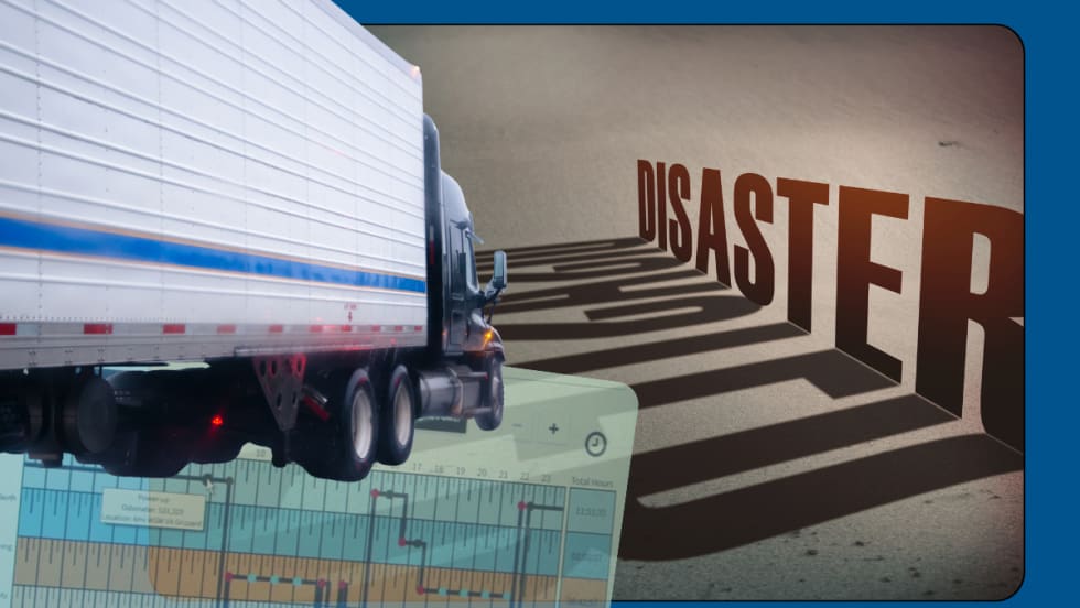 Illustration with truck, driver hours of service logs, and the word disaster