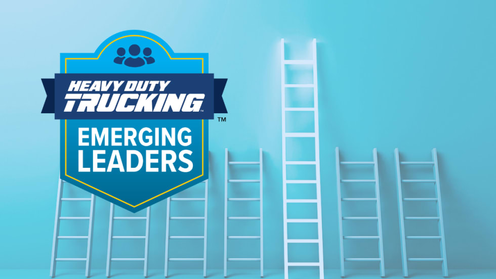 Image showing a row of ladders with one reaching higher than the others, with an HDT Emerging Leaders logo