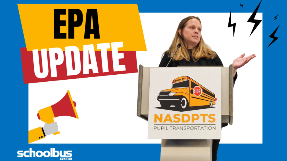 Christine Koester from the EPA speaks at a podium with the NASDPTS logo during a conference. A bold graphic reads “EPA Update” with megaphone and lightning bolt icons around her.