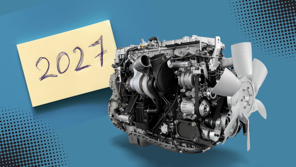 Illustration with 2027 sticky note and International S13 engine