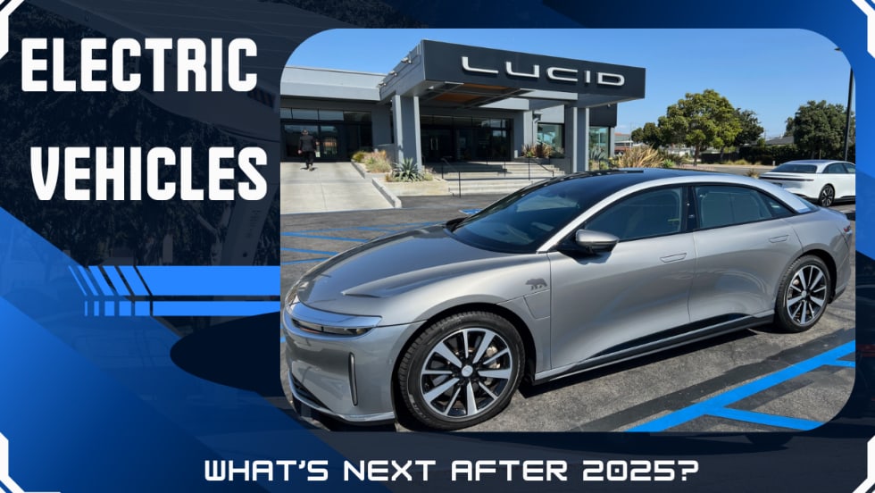 A Lucid Air parked in front of a Lucid dealership.