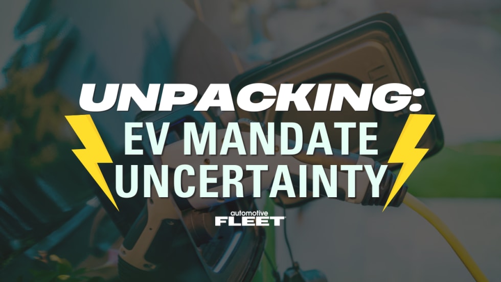 A close up image of an electric vehicle plugged into a charger with text reading "Unpacking: EV Mandate Uncertainty".