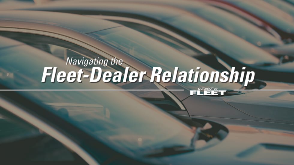 A a close up image of cars lined up with text overlayed reading "Navigating the Fleet-Dealer Relationship".