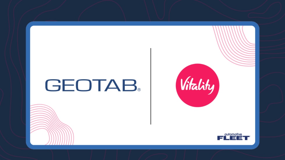 A blue and pink graphic with Geotab and Vitality logos.