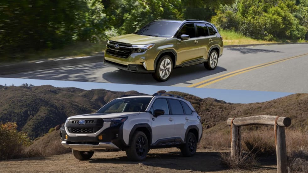 An image of a green 2025 Subaru Forester Hybrid and an image of a white 2026 Subaru Forester Wilderness.