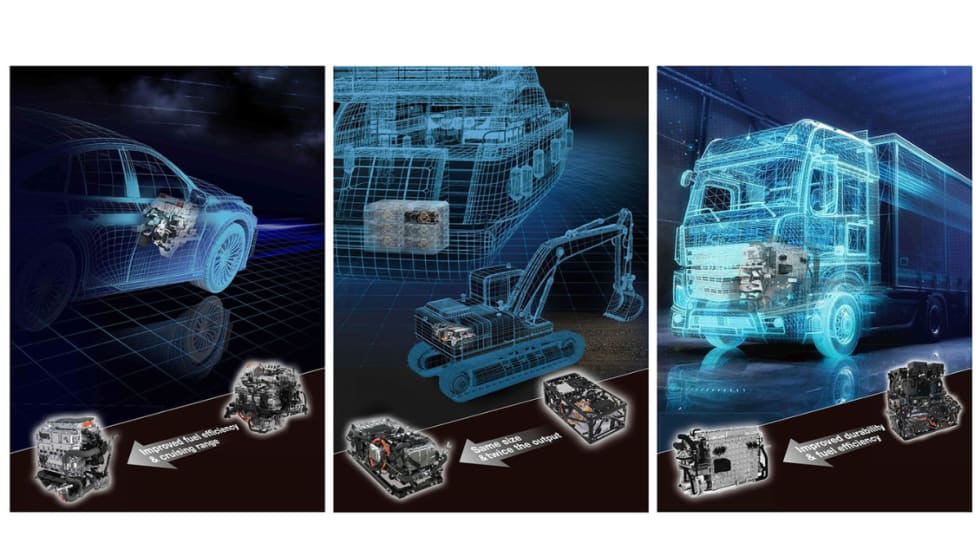 Diagrams of three types of commercial fleet vehicles and how a Toyota Fuel Cell System integrates into each vehicle.