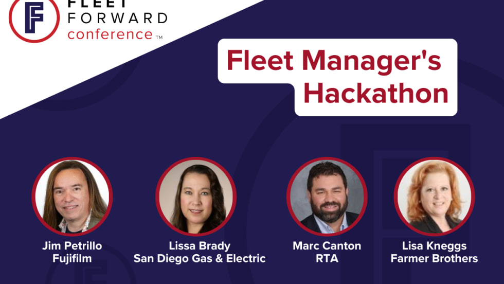 A blue, red, and white graphic announcing the Fleet Forward Conference seminar "Fleet Manager's Hackathon" and participating panelists.