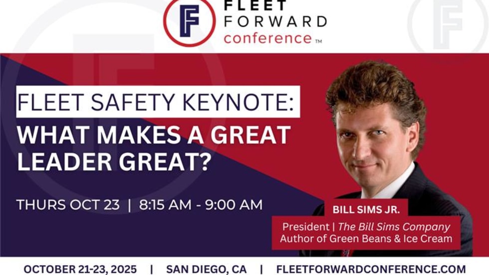 Fleet Forward Conference 2025 keynote graphic for speaker Bill Sims Jr. on “What Makes a Great Leader Great,” on October 23, 8:15 AM in San Diego.