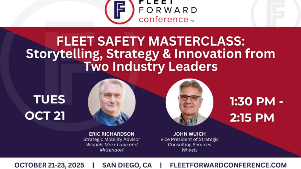 Fleet Safety Masterclass session graphic, titled ‘Storytelling, Strategy & Innovation from Two Industry Leaders,' with headshots of Eric Richardson and John Wuich.