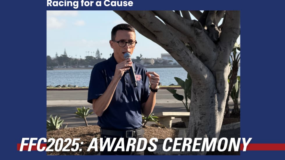 A Fleet Forward Conference graphic highlighting this year's Soap Box derby challenge between Chris Brown and Lauren Fletcher. Image of Dan VanFossen introducing the award.