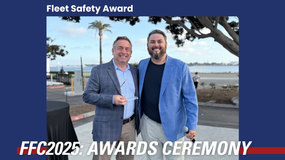 A Fleet Forward conference graphic highlighting the awards ceremony on October 22. Carl Gustafson of Wheels accepts the award for Dan Rossi.