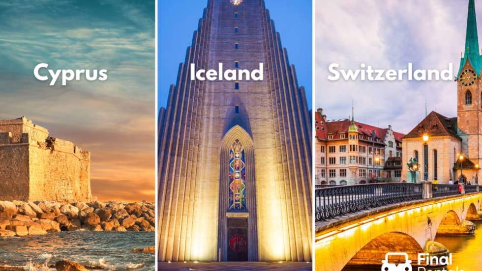 Photos of sights from Cyprus, Iceland, and Switzerland.