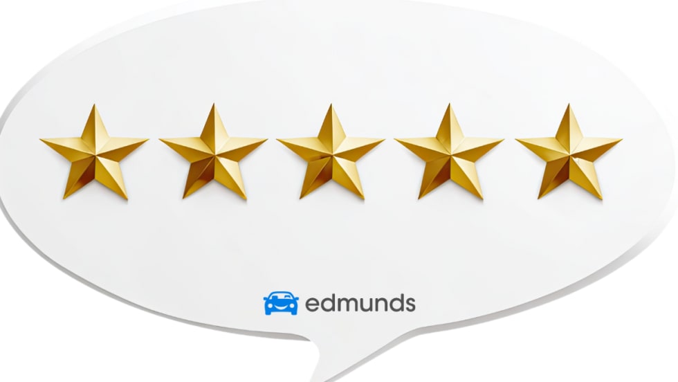 five gold stars on a speech bubble with Edmunds logo on the bottom