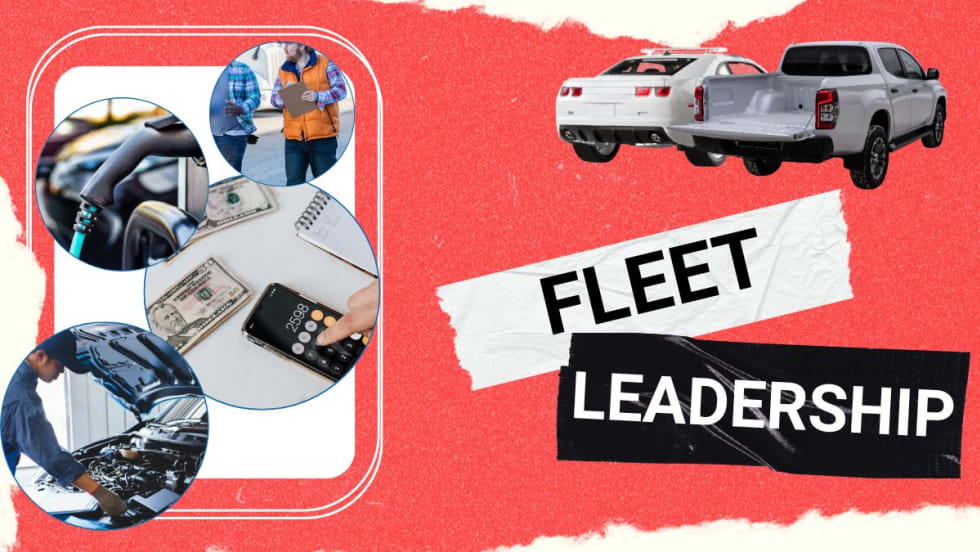 a collage of fleet images, including trucks, data, and people. 