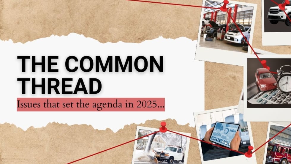 An image showing polaroids with fleet images, such as vehicles and mechanics, with a red thread tying them all together. 