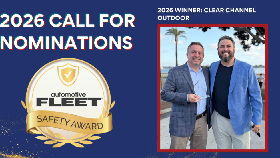 **Caption:** The 2025 Fleet Safety Award winner, Clear Channel Outdoor, is recognized for advancing driver safety through leadership, innovation, and a strong commitment to fleet risk management.  **Google Alt Text (200 characters or less):** Two representatives from Clear Channel Outdoor pose with an award after being named the 2025 Fleet Safety Award winner for excellence in fleet safety leadership and innovation.