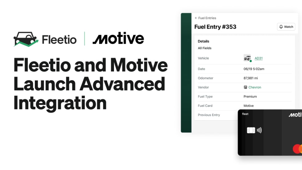 Promotional graphic announcing Fleetio and Motive’s advanced integration. The image shows both company logos, text that reads ‘Fleetio and Motive Launch Advanced Integration.'