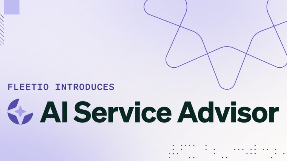 Graphic announcing Fleetio’s AI Service Advisor, a tool designed to help fleet managers evaluate repairs, automate workflows and improve maintenance efficiency.