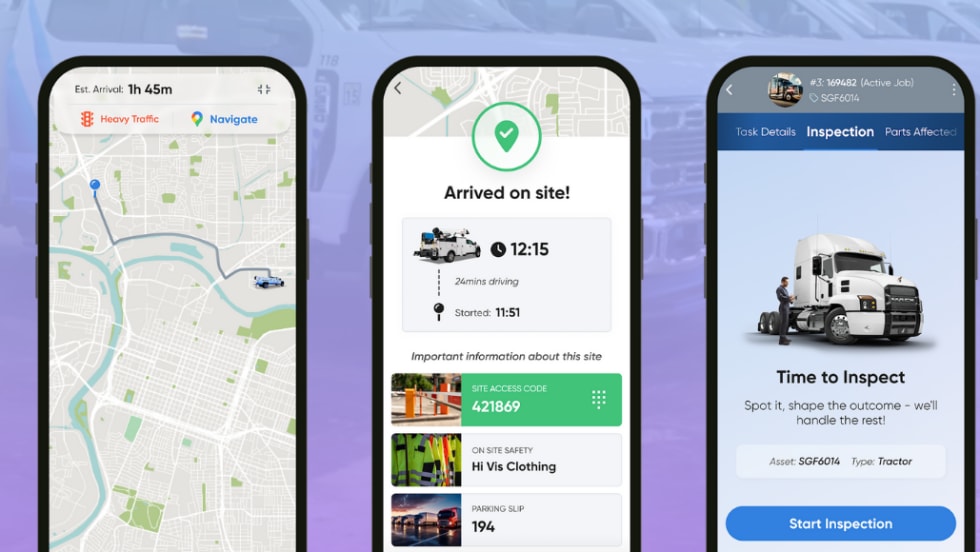 Mobile phone screens showing FleetIQ interface