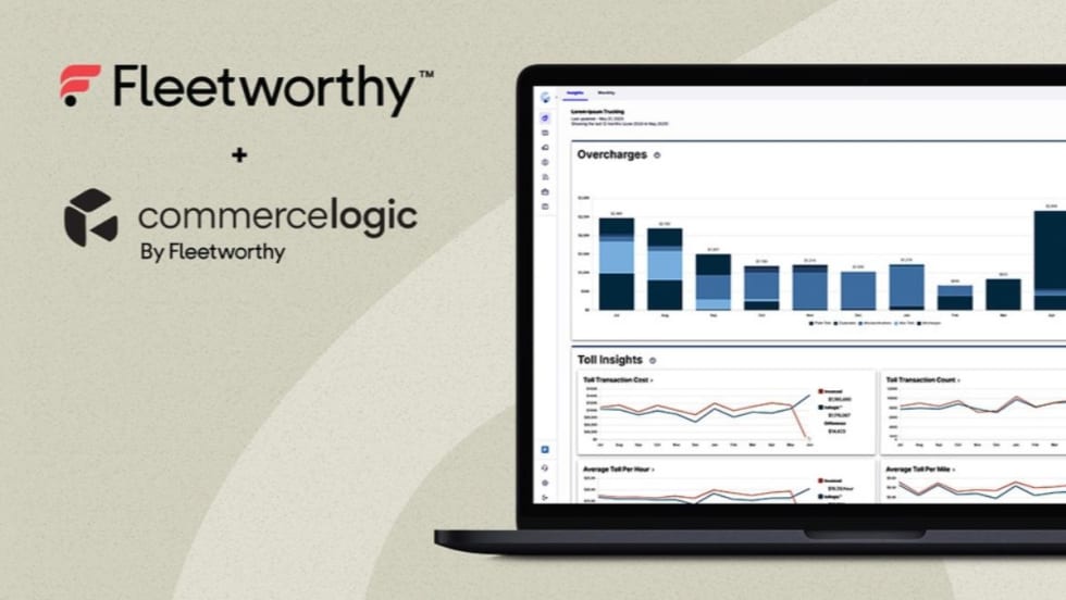 Fleetworthy and Commercelogic by Fleetworthy logos on the left, alongside a laptop displaying fleet management dashboard charts including overcharges, toll insights, and transaction data visualization