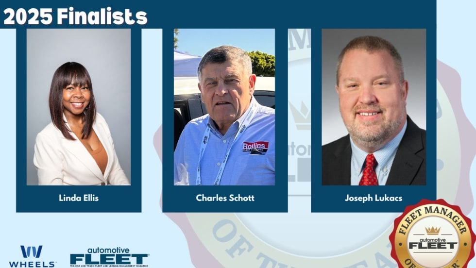 Graphic announcing the 2025 Fleet Manager of the Year finalists. It features professional headshots of three finalists: Linda Ellis, Charles Schott, and Joseph Lukacs. 