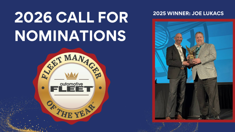 Graphic promoting 2026 nominations for the Automotive Fleet Manager of the Year Award, featuring a badge and a photo of the 2025 winner receiving the honor on stage.