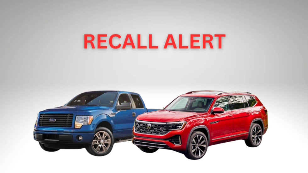 A blue 2014 Ford F-150 is situated next to a red 2024 Volkswagen Atlas.