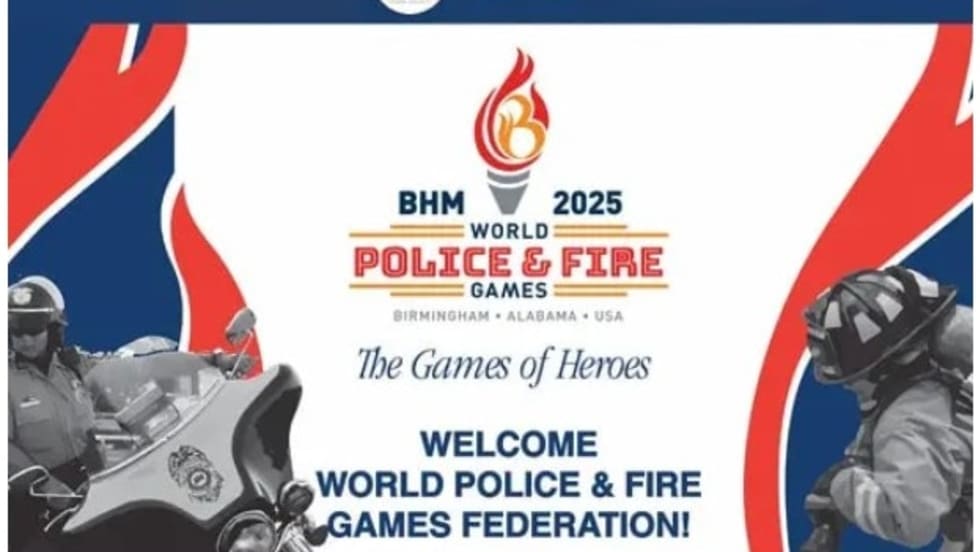 BHM 2025 World Police & Fire Games logo with flame symbol