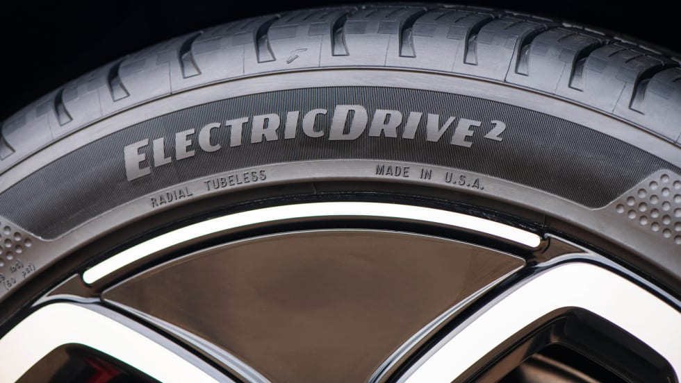 A close-up of Goodyear's newest tire offering for EVs has the words ElectricDrive 2 on the outside of the tire.
