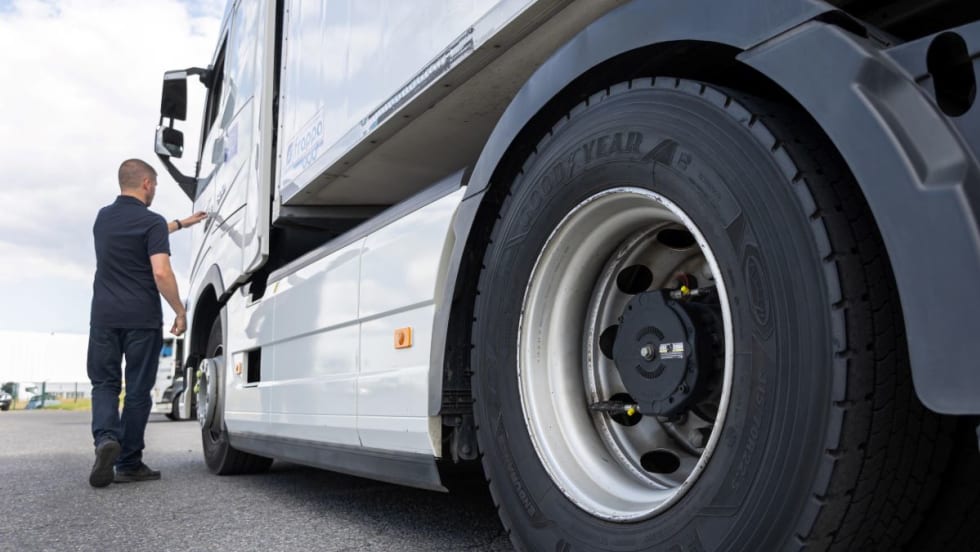Close up of drive tire on a heavy-duty truck.