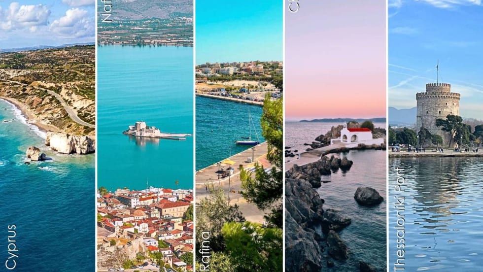 Vertical photo collage of five scenic coastal locations in Greece.