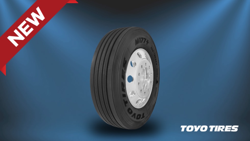 Product graphic of a Toyo M177+ long-haul steer tire on a blue background with a “NEW” banner and the Toyo Tires logo.