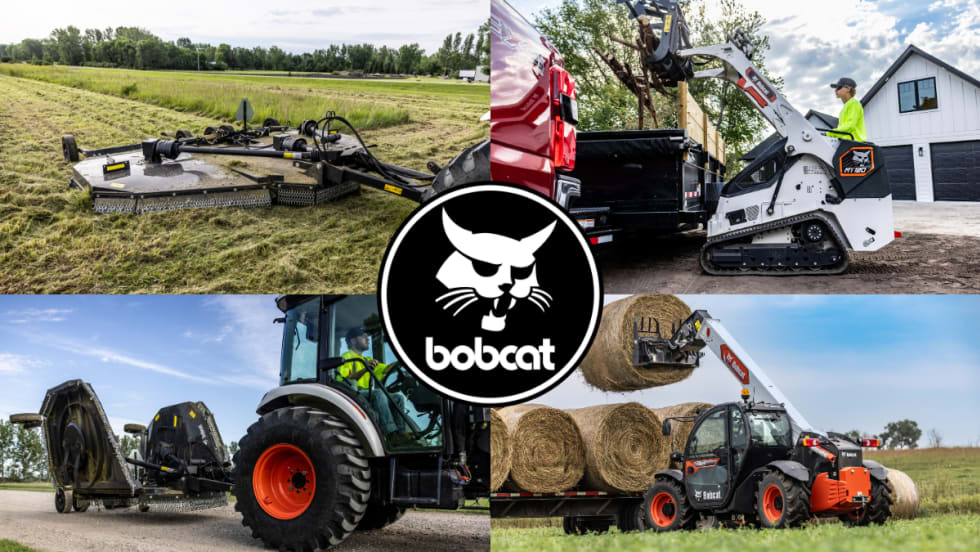 Collage of Bobcat equipment using multiple attachments across agricultural and jobsite settings.
